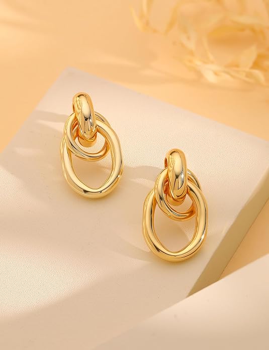 14K Gold Plated Knot Statement Earrings for Women Hypoallergenic Chunky Drop Dangle Earrings - Lightweight Fashion Accessories Gold Jewelry Gifts for Womens Trendy