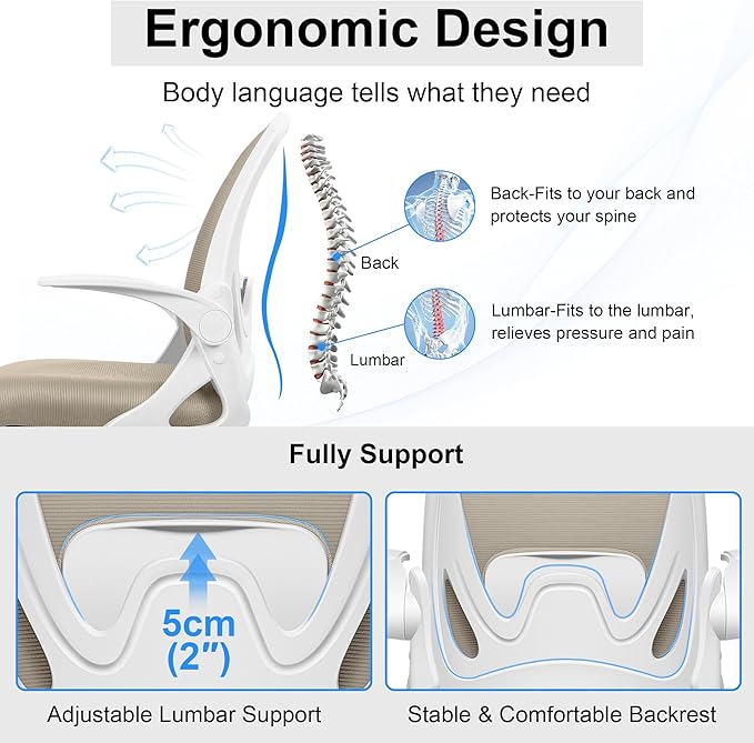 Drafting Chair Tall Office Chair with Flip-up Armrests, Adjustable Height, and Enhanced Lumbar Support - Ergonomic Rolling Stool, Back Support, and Adjustable Foot Rest Ring for Standing Desk Khaki