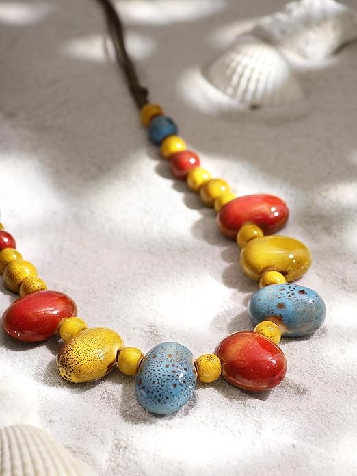 MINACHI Bohemian Hippie Colorful Ceramic Geometric Bead Strand Necklace, Vintage Boho Statement Jewelry Gift for Women
