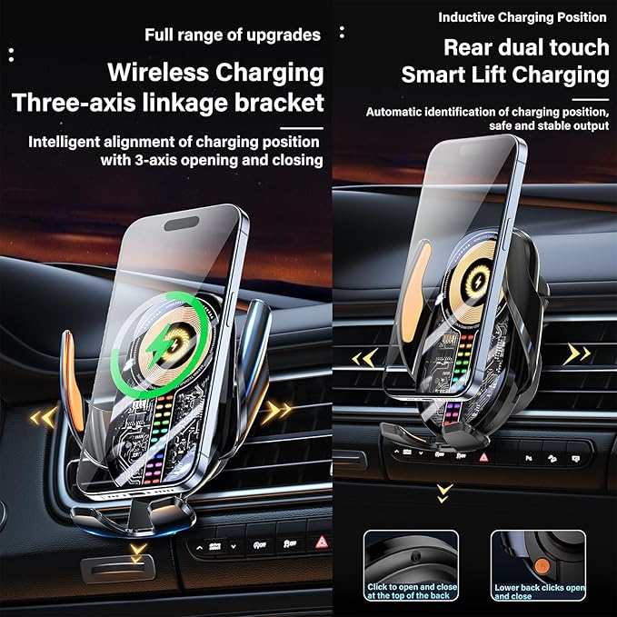 Wireless Car Charger, Cell Phone Car Mount 15W Fast Charging Auto Clamping for Car Vent Phone Holder Charger for iPhone 16 15 14 13 12 11 Pro Max, Glaxy S24 Ultra, LG, Google