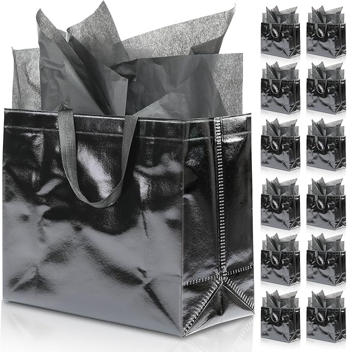 KeerxunBag 12Pcs Reusable Gift Bags（Includes Tissue Paper） Gift bag with handle Birthdays Parties Holidays Weddings Medium 13x5x11in Black Gift Bags