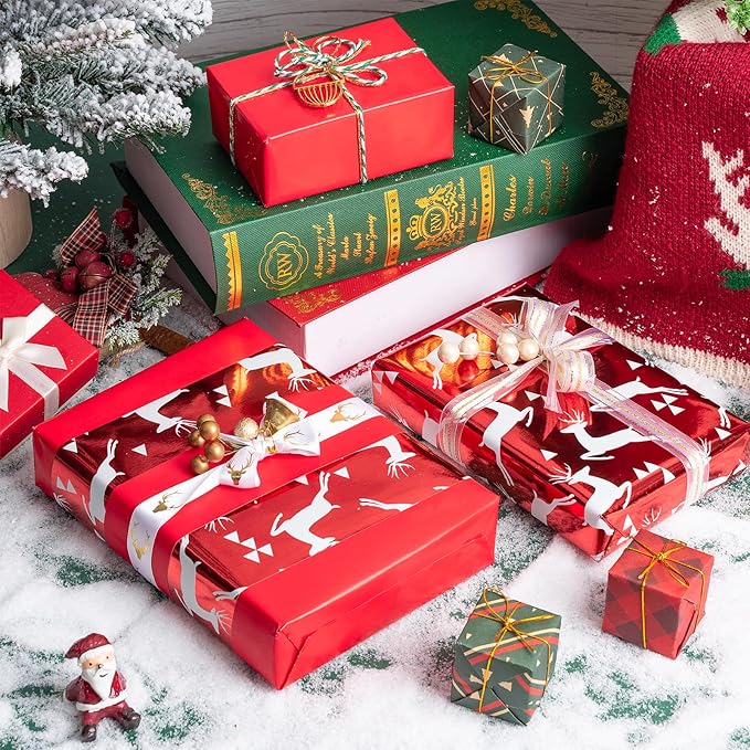 WRAPAHOLIC Reversible Red Christmas Wrapping Paper - Mini Roll - 17 Inch x 33 Feet - Reindeer Wrapping Paper and Solid Red Design with Metallic Foil Shine for Christmas, Holiday, Party