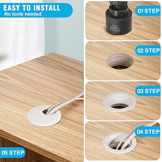 1-3/8" White Desk Grommet with Bi-Metal Hole Saw, JTemgle Plastic Cable Hole Cover Computer Table Cord Wire Organizer Caps, Desktop Cord Management for Home Office TV Stands Tabletops, 7 Pieces