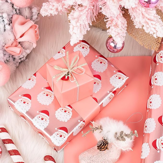WRAPAHOLIC 30 Inch Jumbo Reversible Christmas Wrapping Paper - 30 Inch x 33 Feet - Santa Claus Wrapping Paper and Solid Rose Gold Design with Metallic Foil Shine for Chrsitmas, Holiday, Party