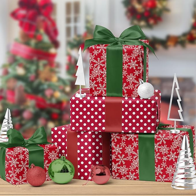 LaRibbons Reversible Christmas Wrapping Paper Roll, White Small Dots & Snow Flakes on Red Design, Classic Gift Wrap Paper for Xmas, Holiday Celebration, 17 Inch X 33 Feet
