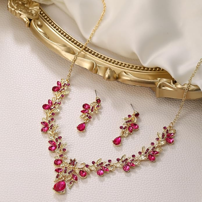 BriLove Women's Wedding Jewelery Set Leaf Flower Crystal Teardrop Marquise Cluster Pendant Necklace Dangle Earrings for Bridal Party