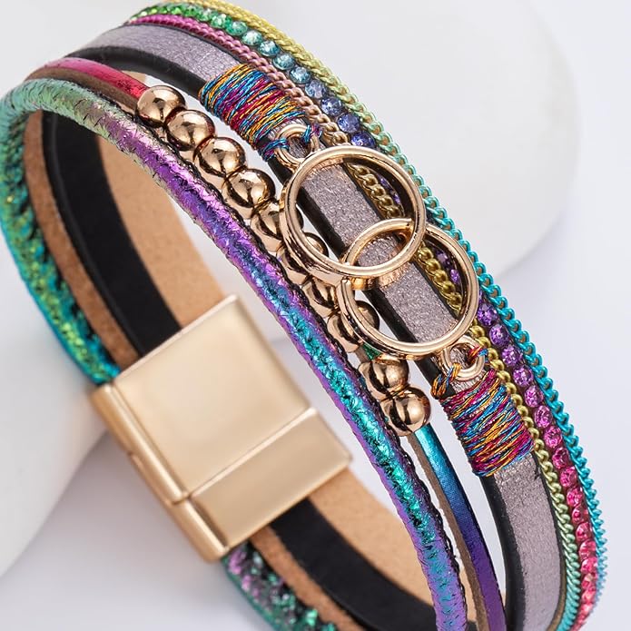 FANCY SHINY Boho Leather Wrap Bracelet Stackable Infinity Chunky Cuff Bracelets Western Hippie Outfits Jewelry Valentine Gifts for Women
