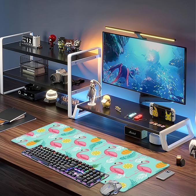 Pink Flamingo Desk Mat,Large Summer Flamingos Pineapples Tropical Leaves Gaming Keyboard Mouse Pad,Non-Slip Rubber Base Desk Pad Thick Stitched Edges Waterproof Mousepad Mouse Mat 31.5"x11.8"