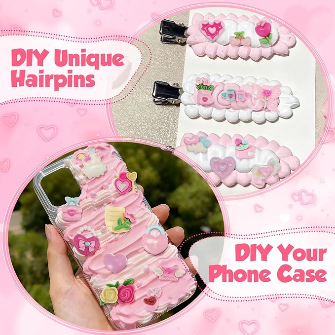 Giegxin 40 Pcs Pink Valentine's Day Resin Charm Love Heart Roses Bow Balloons Flatback Cabochon Accessories Cute Embellishment Bulk for Jewelry Cellphone Case Scrapbooking DIY