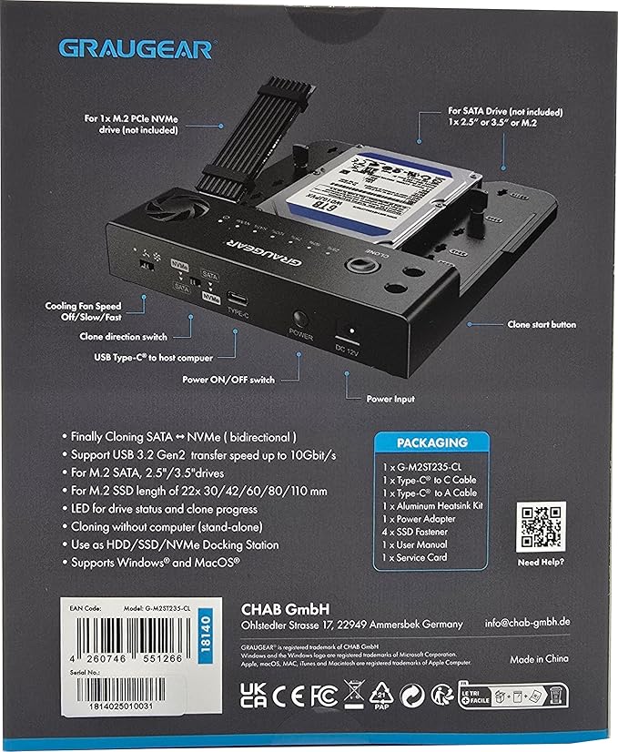 GRAUGEAR SATA SSD/HDD to M.2 NVMe Docking Station, USB-C 10Gbps Clone Station for M.2 NVMe SSD to SATA 2.5”/3.5” SSD & HDD Converter, Offline Cloning, Tool-Free, Built-in Cooling Fan