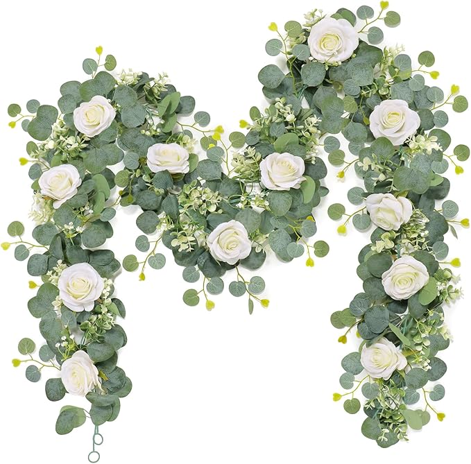 TOCHGREEN 2Pcs(13 Ft) Artificial Eucalyptus Flower Garland with White Rose Flowers,Faux Rose Vine Gypsophila Greenery for Home Party Wedding Table Decor (White, 2PCS)
