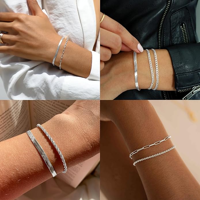 Reoxvo Bracelets Stack Silver Plated Chain Bracelet Set for Women Gold Hand Chain Rings Bracelets Jewelry for Women Trendy