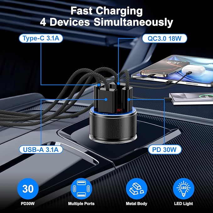 Car Charger for iPhone 16 15 Pro Max, Besgoods 4-Port Cigarette Lighter Adapter USB C & USB A Car Phone Charger Fast Charging Voltmeter for Galaxy S24 S23 A15 A54 Android, 6ft USB C to C Cable