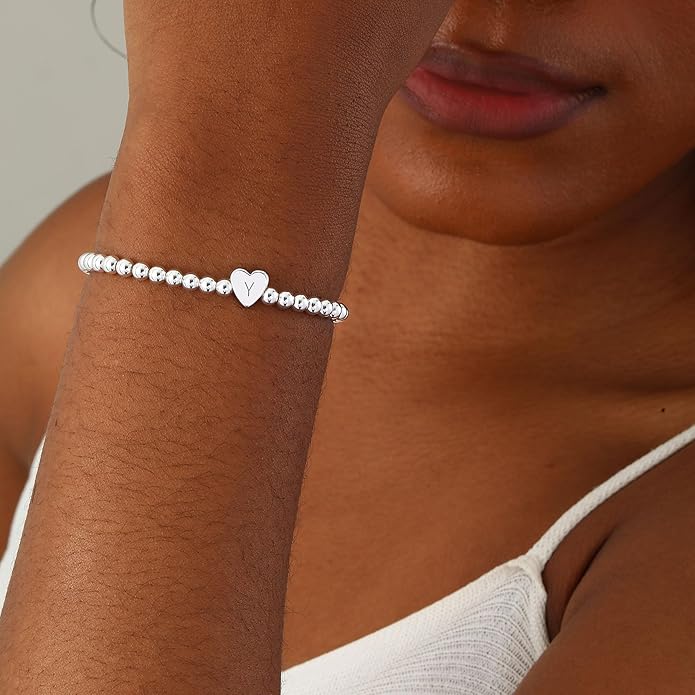 Valentines Day Gifts for Women Her - Dainty Beaded Heart Initial Bracelets Letter A-Z Charm Stretch Bead Ball Bracelet Trendy Jewelry Gifts