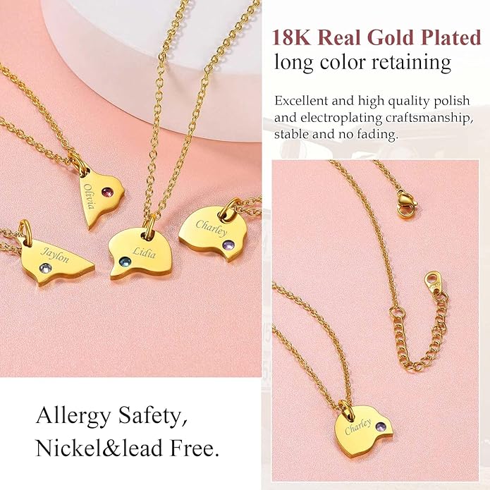 FindChic Personalized Matching BFF Necklace for 2/3/4/5/6 Puzzle Name Heart Pendant Stainless Steel Couple Necklace Set Customized Necklaces for Teen Girls