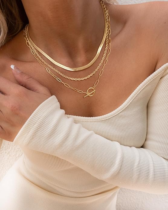 CHESKY Layered Necklaces for Women, 14K Gold Plated Chain Necklace Women Trendy Cuban Link Paperclip Chain Toggle Clasp Necklace Fashion Chunky Jewelry for Women