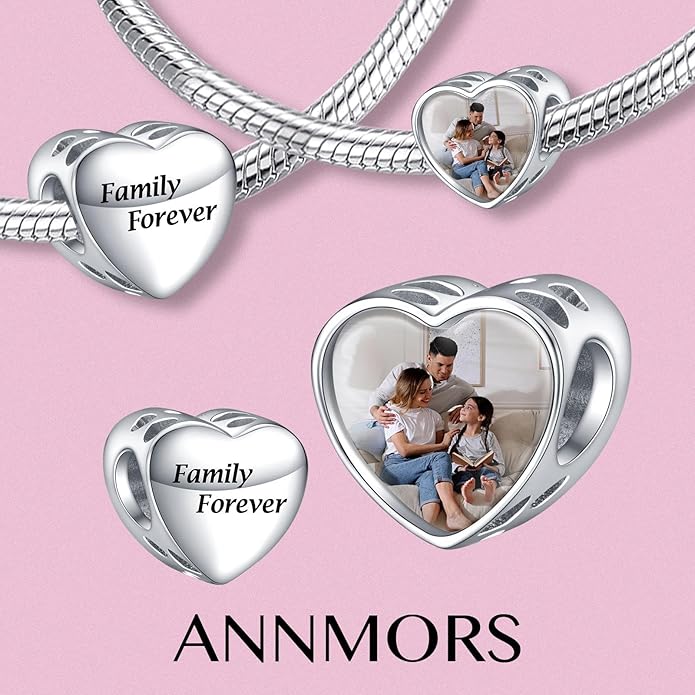Annmors Personalized Photo Charms For Bracelets/Necklace 925 Sterling Silver Love Heart Shaped Engraved Customize Picture Gift for Birthday Mother's Day,Bead Charms Jewelry for Women