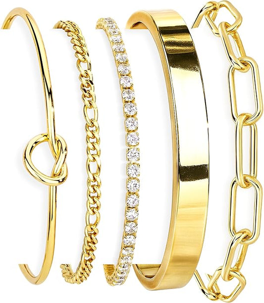 Gold Bracelets Set for Women Non Tarnish, 14K Gold Plated Sterling Silver Chunky Cuff Bracelet Stackable Gold Bangles Bracelet for Women Trendy Fashion Accessories Tie Knot Cuban Rope Paperclip Beaded Bracelet Stack Jewelry Valentines Day Gifts