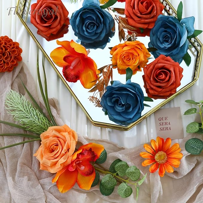 Floweroyal Artificial Flowers Combo Orange Flowers Mix Silk Flowers Fake Roses with Stems for DIY Wedding Bridal Bouquets, Baby Shower, Floral Arrangement, Table Centerpieces, Home Decorations