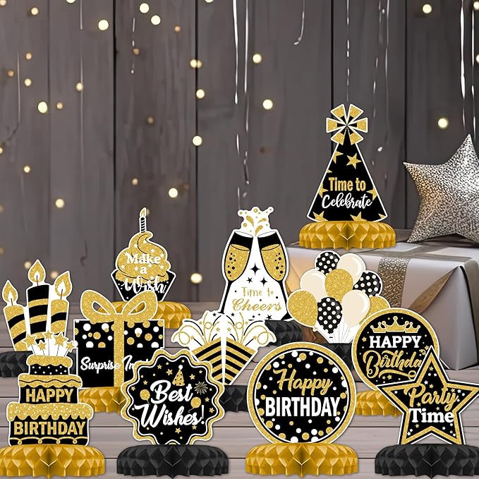12 Pcs Birthday Table Decorations Glitter Black and Gold Birthday Decorations Honeycomb Centerpieces for Table Decor Girls Boys Women Men Party Supplies