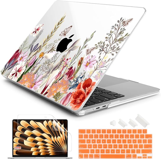 Batianda Premium Case for New MacBook Air 15 inch 2025 M4 2024 2023 with M3 M2 Chip Model A3114 A2941, Designed Protective Plastic Hardshell & Keyboard Cover & Screen Protector, Flower Field