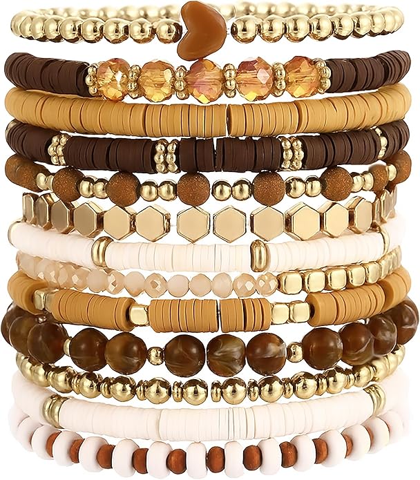 iF YOU 13pcs Heishi Clay Beaded Stretch Bracelets for Women, Boho Gold Surfer Stackable Bracelet Stacks White Brown Black Beach Jewelry