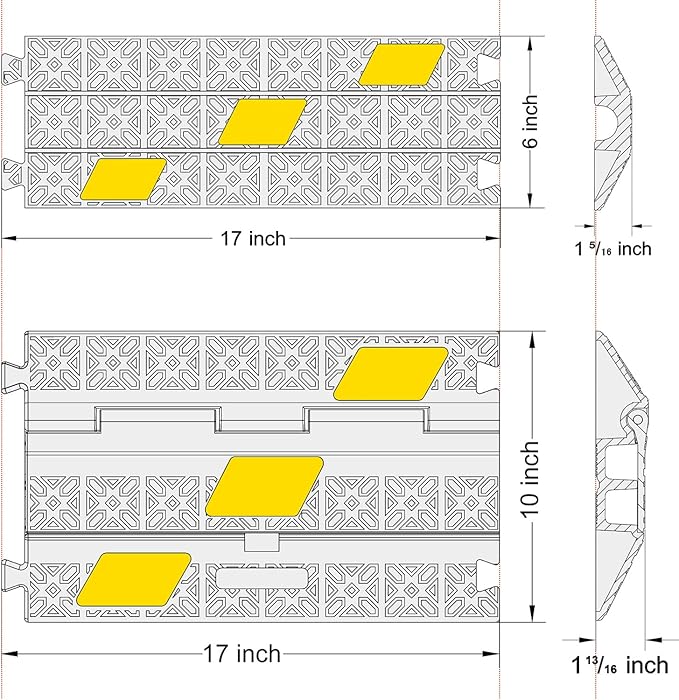 6 Pack 2-Channel Rubber Cable Protector Ramp, 17" x 10" x 1.8" inch Interlocking Floor Wire Cord Cable Cover, Visible at Night, Durable Rubber Speed Bump Hump Ramp (2-Channel 6 Pack)