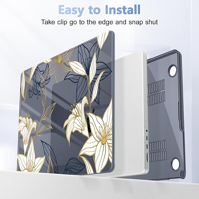 for MacBook Pro 16 inch Case 2021 2022 2023 2024 Release A3186 A3403 M4 A2991 M3 A2780 M2 A2485 M1 Pro/Max, Hard Shell Case with Screen Protector & Keyboard Cover, Golden Floral