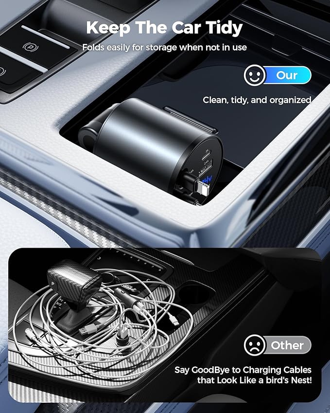 Retractable Car Charger, [2025 New] 4 in 1 Fast Car Phone Charger with Retractable Type C & L Cords, 120W USB Car Charging Adapter for iPhone 16 Pro Max 15 14 13 12, Samsung Galaxy, Pixel