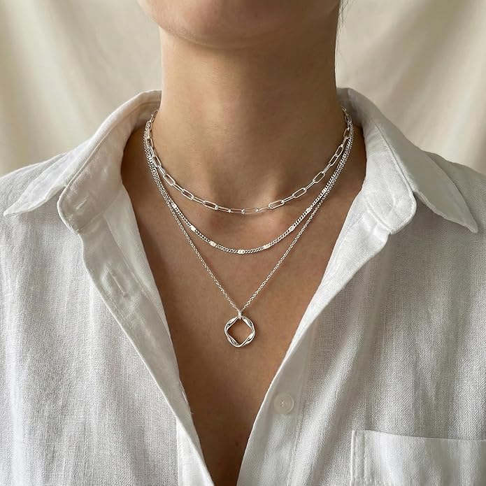 Layered Gold Necklaces for Women, Stackable Dainty 14K Gold Silver Plated Trendy Simple Heart Diamond Cross Bow Circle Pendant Paperclip Choker Dot Chain Necklace,Jewelry Set Gifts for Women