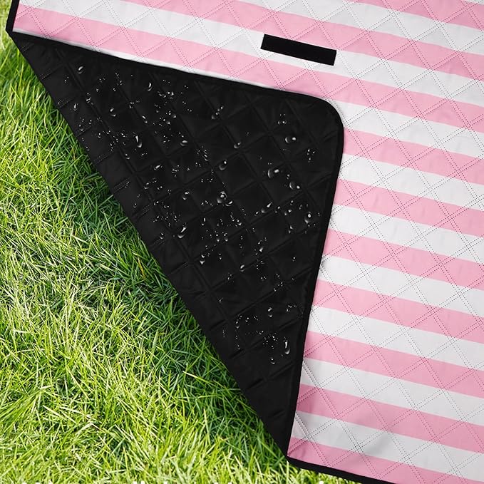 Waterproof Picnic Blankets,79''x79'' Extra Large Foldable Sandproof Beach Blanket,Portable 3-Layer Polyester Outdoor Picnic Blanket for Grass Lawn,Beach,Family Camping,Park,Travel-Pink Stripe