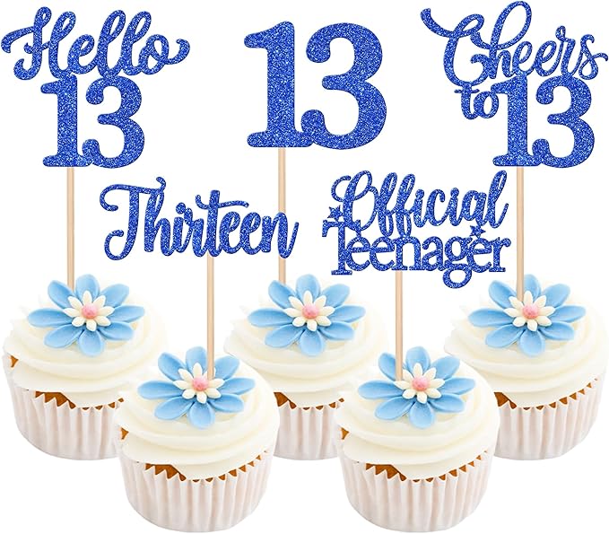 30PCS Happy 13th Birthday Cupcake Toppers Glitter Thirteen Official Teenager Hello 13 Cupcake Picks Cheers to 13 Birthday Decorations for 13th Birthday Anniversary Party Cake Decor Supplies Blue