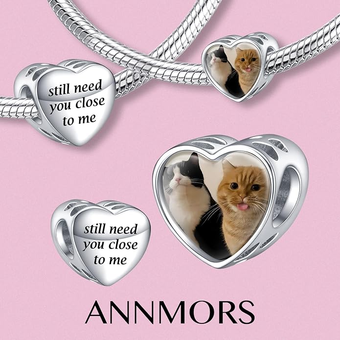 Annmors Personalized Photo Charms For Bracelets/Necklace 925 Sterling Silver Love Heart Shaped Engraved Customize Picture Gift for Birthday Mother's Day,Bead Charms Jewelry for Women