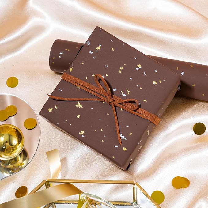 WRAPAHOLIC Chocolate Brown Wrapping Paper Roll - Mini Roll - 17 Inch x 16.5 Feet - Chocolate Brown Gold Design with Silky Touch Perfect for Birthday, Holiday, Wedding, Baby Shower