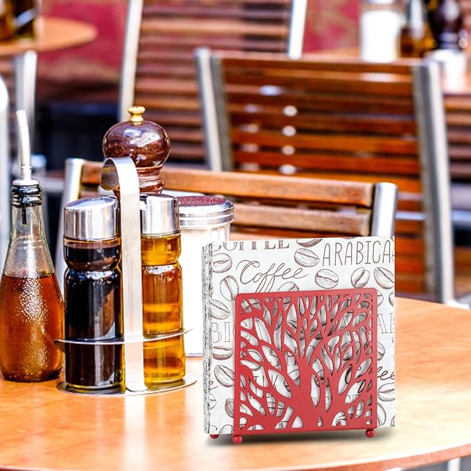Farmhouse Red Napkin Holder for Tabletop Decor and Kitchen, Metal Table Napkin Holder Stand for Home Restaurant Picnic Party
