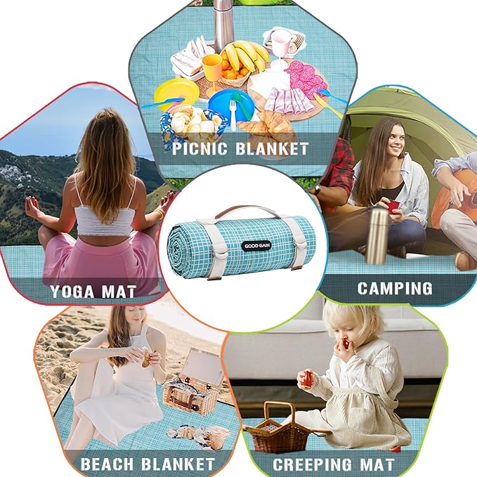 G GOOD GAIN Picnic Outdoor Blankets Waterproof Large - Beach Mat Sand Free Foldable with Carry Strap | Portable Camping Blanket | Park Blanket for Grass Park, Hiking, Travel, Concerts (Sapphire)