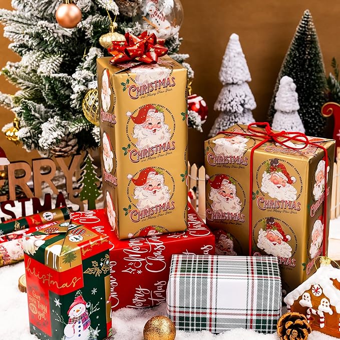 MAYPLUSS Reversible Christmas Wrapping Paper Rolls - 17" X 120" Per Roll - Classic Vintage Funky Red Santa Claus Wrap Present Paper for Festive Celebrations
