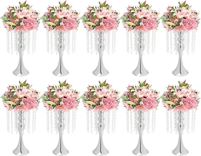 10 Pcs Crystal Flower Wedding Centerpieces Stand,Elegant Metal Flower Vase Candelabra Candle Holder,Flower Vase Stand Pillar Candle Holder for Party Wedding Reception