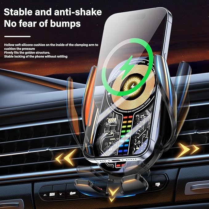 Wireless Car Charger, Cell Phone Car Mount 15W Fast Charging Auto Clamping for Car Vent Phone Holder Charger for iPhone 16 15 14 13 12 11 Pro Max, Glaxy S24 Ultra, LG, Google