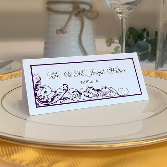 Scribble Vintage Swirl Printable Place Cards, Eggplant (Choose Color), Set of 150 (25 Sheets), Laser & Inkjet Printers - Wedding, Party, Dinner, and Special Events