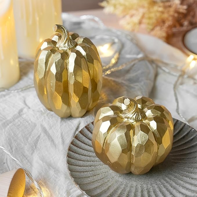 Pumpkin Decor Fall Decoration, Gold Pumpkins for Decorating, 2Pcs Resin Artificial Pumpkin Figurine Mantel Decor, Thanksgiving Autumn Harvest,Wedding