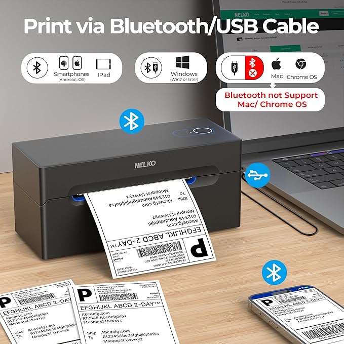 Nelko Bluetooth Thermal Shipping Label Printer, Wireless 4x6 Shipping Label Printer for Small Business, Support Android, iPhone and Windows, Widely Used for Amazon, Ebay, Shopify, Etsy, USPS