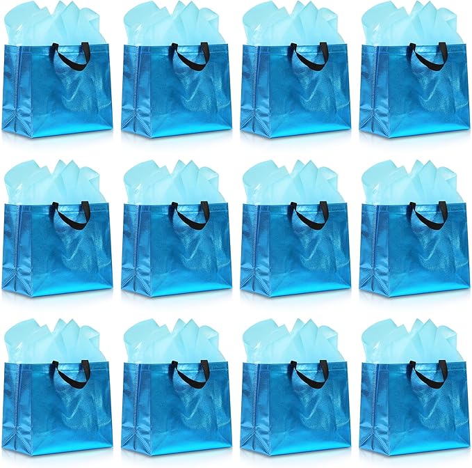 KeerxunBag 12Pcs Reusable Gift Bags（Includes Tissue Paper） Gift bag with handle Birthdays Parties Holidays Weddings Medium 13x5x11in cyan Bags