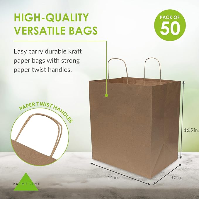 Prime Line Packaging Brown Paper Bags, Kraft Shopping Bags with Handles for Small Business, Restaurants, Takeout, Delivery, Bulk, 14x10x16.5, 50 Pack