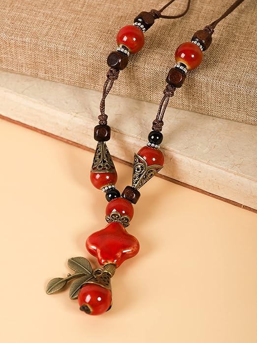 MINACHI Vintage Bohemian Ethnic Colorful Ceramic Bead Long Y Necklace, Hippie Boho Summer Fashion Jewelry Gift for Women