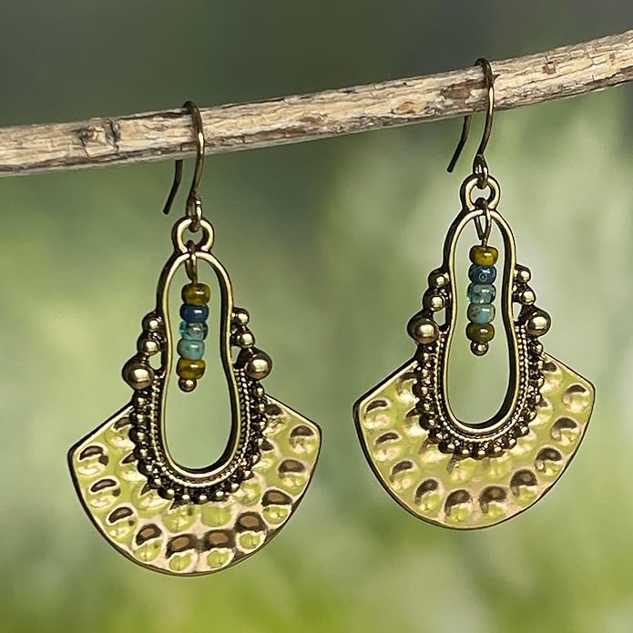 SPUNKYsoul Boho Dangle Earrings for Women – Lightweight Tribal Fan Paddle Design with Hieroglyphic Accents – Unique Handmade Gift Idea for Her