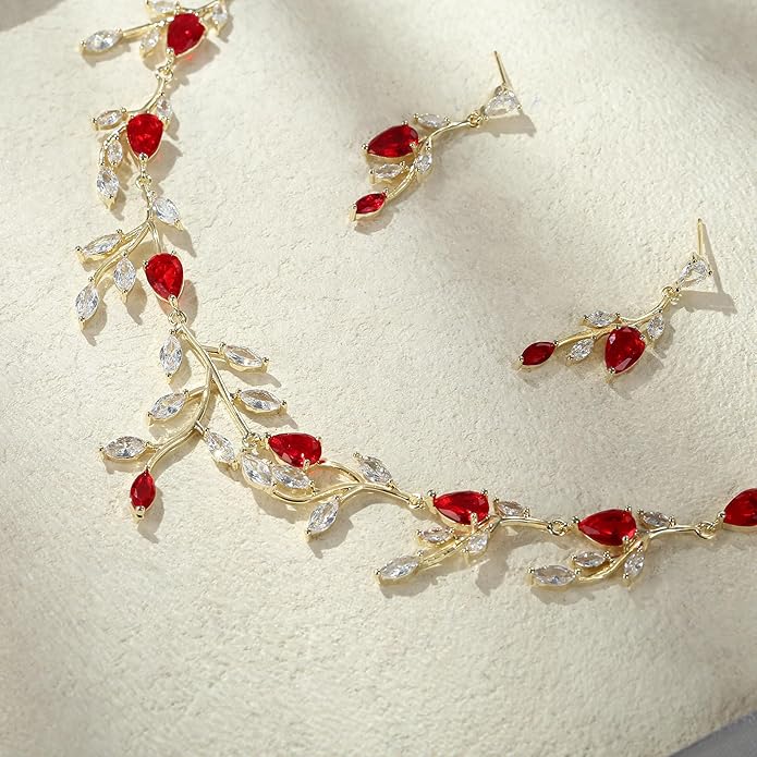 EVER FAITH Wedding Jewelry for Bride Women Bridesmaid, Sparkly Cubic Zirconia Pear-Shaped Birthstone Leaf Necklace Earrings Set for Prom