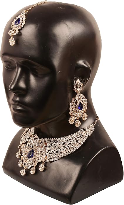 Touchstone Indian jewelry sets for women tikka wedding necklace costume guest statement bollywood rhinestones crystal faux pearls gold big royal neck piece set bridal fashion accessories