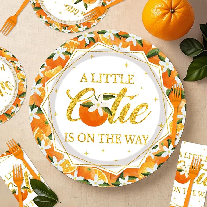 Little Cutie Baby Shower Decorations - 96PCS A Little Cutie Is on the Way Plates and Napkins Party Supplies Orange Tangerine Citrus Baby Shower Disposable Paper Tableware Set Serves 24 Guests