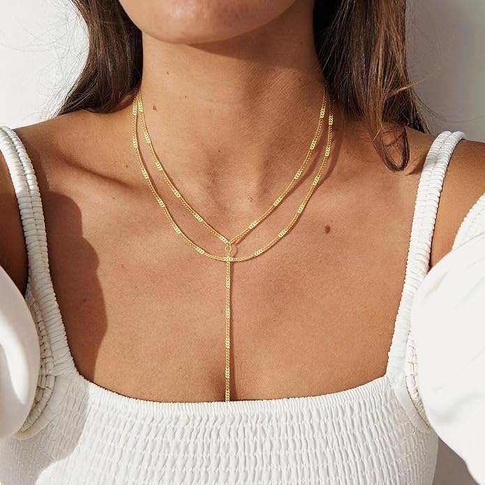 Fullpop Dainty Gold Necklaces for Women, 18k Gold Layered Lariat Necklace for Women Long Gold Choker Necklaces for Women Statement Diamond Heart Pendant Necklace Body Chain Jewelry for Women